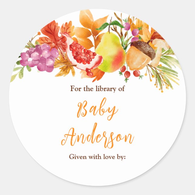 Autumn Fall Harvest Baby Shower Bookplate Runder Aufkleber (Vorderseite)