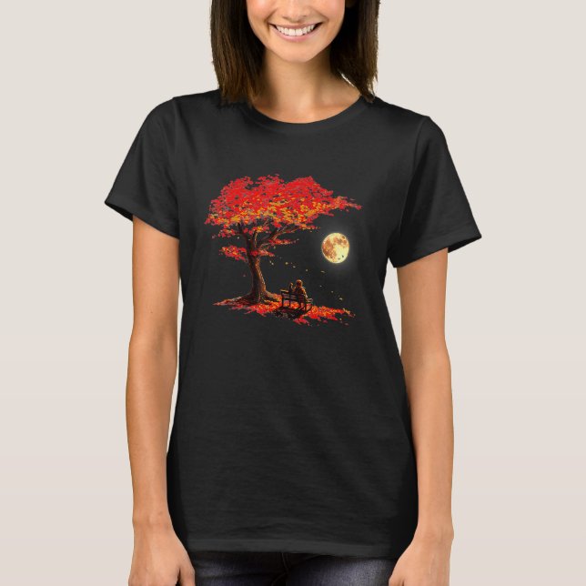 Autumn Fall Leaves Moon Astronaut With Cat Outer S T-Shirt (Vorderseite)