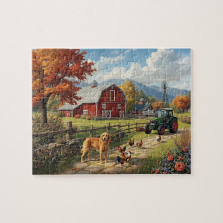 Autumn Farm Dog Tractor Red Barn Fall Scene Puzzle