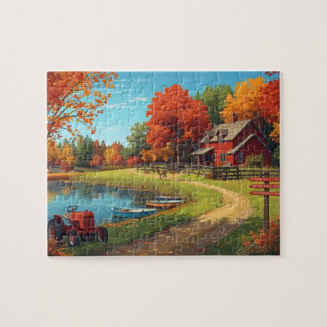 Autumn Farm Pond Red House Tractor Scene Puzzle (Horizontal)