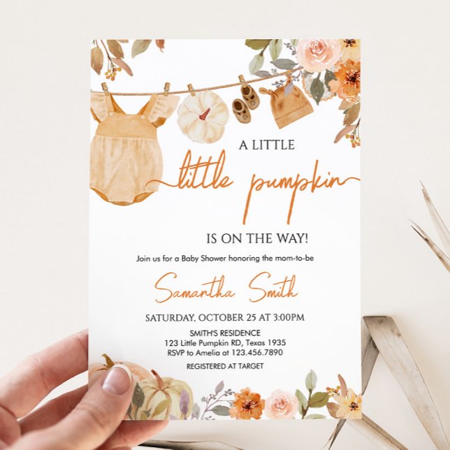Autumn Floral Little Pumpkin Baby Shower Einladung (Autumn Floral Little Pumpkin Clothesline Baby Shower Invitation)