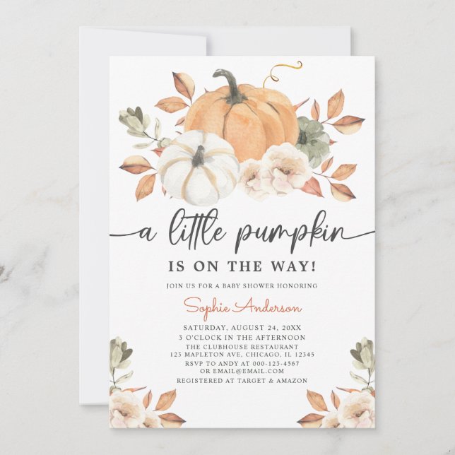 Autumn Floral Little Pumpkin Baby Shower Einladung (Vorderseite)