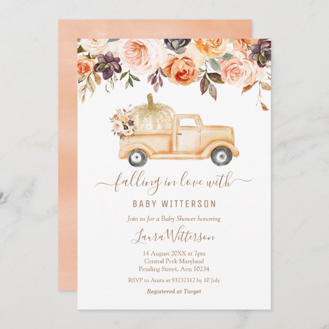 Autumn Floral Peach Truck Pumpkin Baby Shower Einladung (Vorne/Hinten)