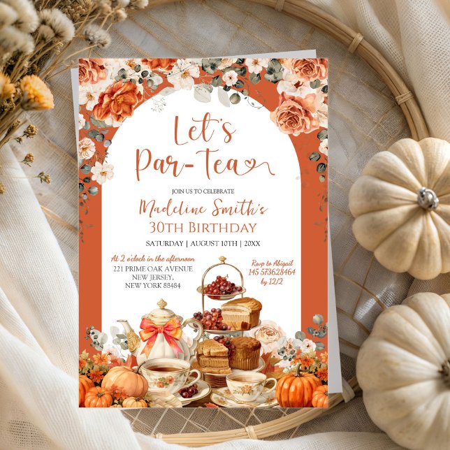 Autumn Floral Pumpkin Let's Par Tea Birthday Party Einladung (Von Creator hochgeladen)