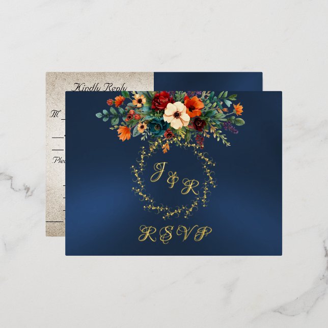 Autumn Floral & Wreath RSVP - Blue Folie Einladungspostkarte (Vorderseite/Rückseite)