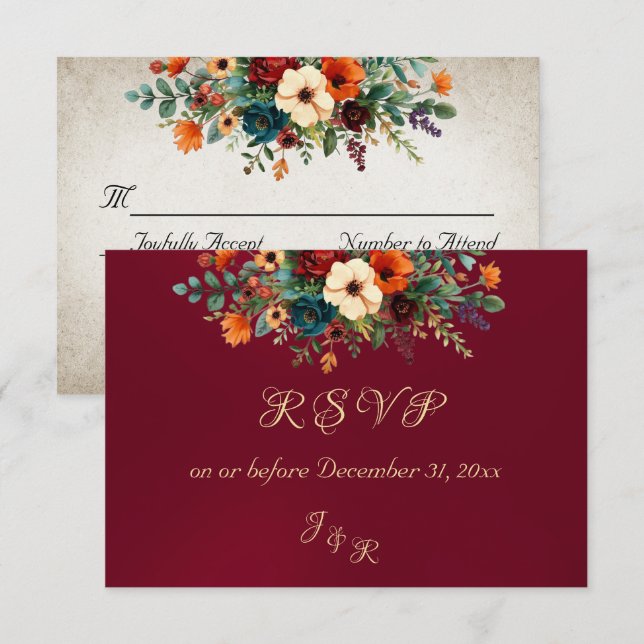 Autumn Floral & Wreath RSVP - Burgundy Karte (Vorne/Hinten)