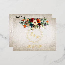 Autumn Floral & Wreath RSVP - Cream Folie Einladungspostkarte