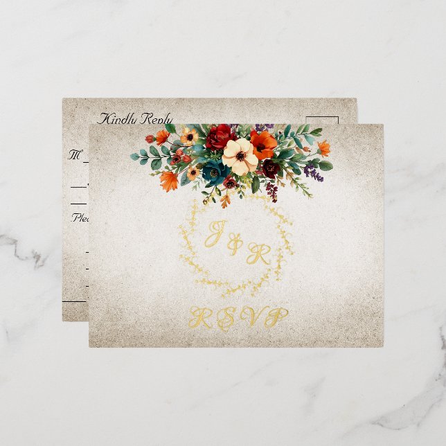 Autumn Floral & Wreath RSVP - Cream Folie Einladungspostkarte (Vorderseite/Rückseite)