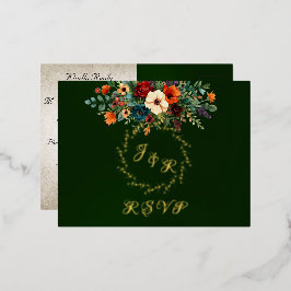 Autumn Floral & Wreath RSVP - Emerald Folie Einladungspostkarte