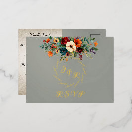 Autumn Floral & Wreath RSVP - Sage Folie Einladungspostkarte