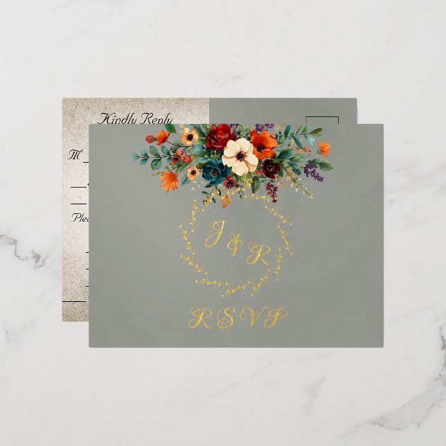 Autumn Floral & Wreath RSVP - Sage Folie Einladungspostkarte (Vorderseite/Rückseite)