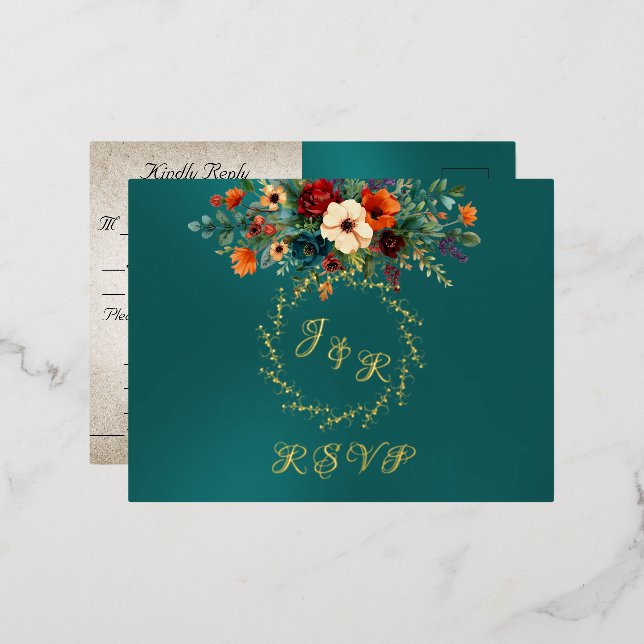 Autumn Floral & Wreath RSVP - Teal Folie Einladungspostkarte (Vorderseite/Rückseite)