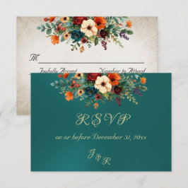 Autumn Floral & Wreath RSVP - Teal Karte