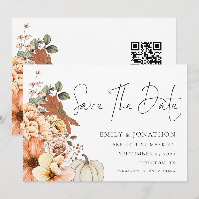 Autumn Florals Pumpkin QR Code Wedding Save The Date (Vorne/Hinten)