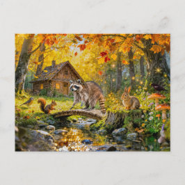 Autumn Forest Cottage with forest animals and Mush Postkarte