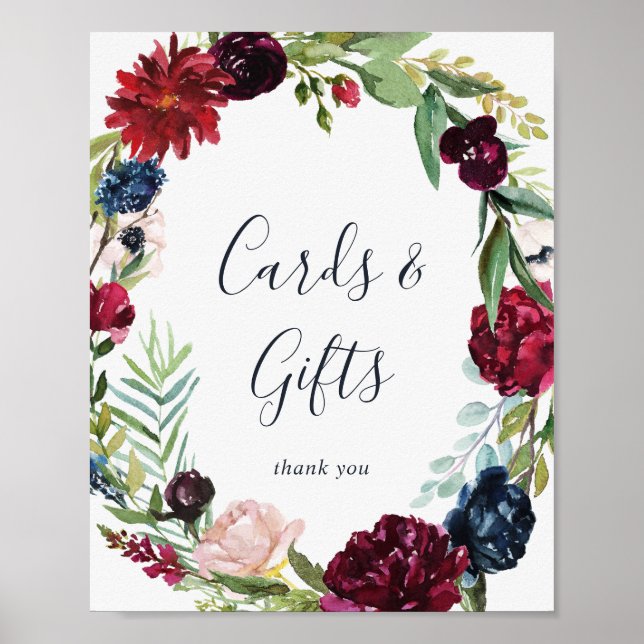 Autumn Garden Burgundy Wreath Cards und Gifts Unte Poster (Vorne)