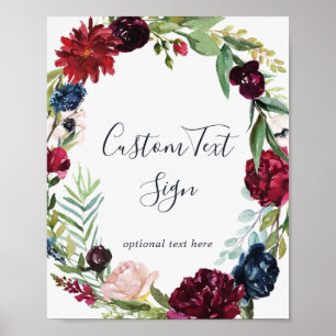 Autumn Garden Burgundy Wreath Custom Text Sign Poster