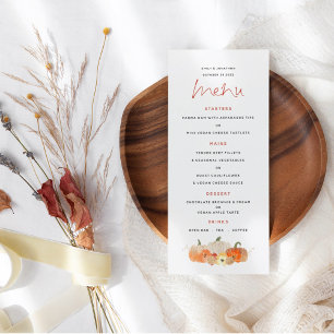 Autumn Glittery Pumpkins Florals Wedding Menükarte