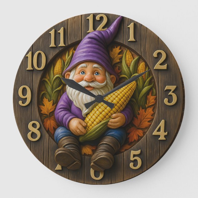 Autumn Gnome Clock with Corn and Leaves Große Wanduhr (Vorderseite)