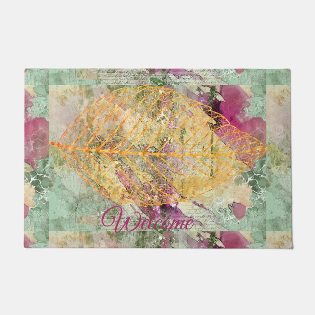 Autumn Gold leaf Decoupage Green Pink Willkommen Fußmatte (Vorderseite)