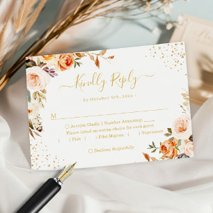 Autumn Gold Leaves Floral Terracotta Wedding RSVP Karte