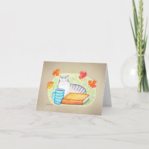 Autumn Gray Tabby Cat with coffee and Book Peace Karte