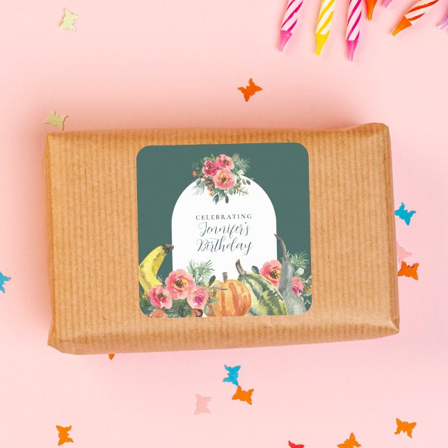 Autumn Green Pumpkins Pink Floral Birthday Party Quadratischer Aufkleber (Von Creator hochgeladen)