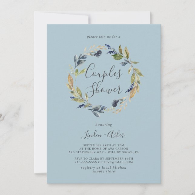 Autumn Greenerity Wreath | Schiefer Paare Dusche Einladung (Vorderseite)