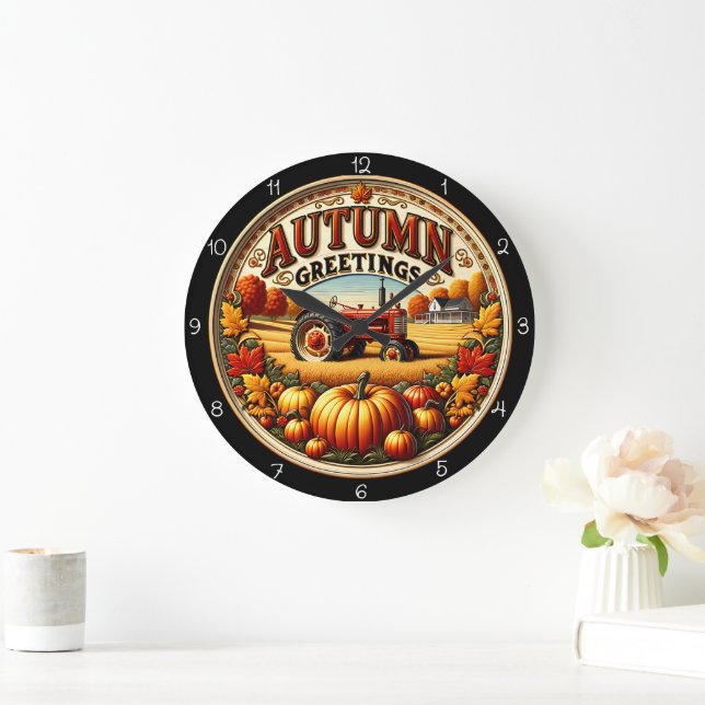 Autumn Greetings Tractor  Große Wanduhr (Zuhause)