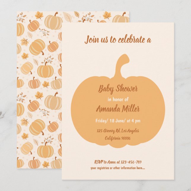 Autumn Harvest Pumpkin and Leaf Pastel Baby Shower Einladung (Vorne/Hinten)