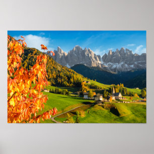 Autumn in a Dolomites landscape with church Poster