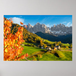 Autumn in a Dolomites landscape with church Poster