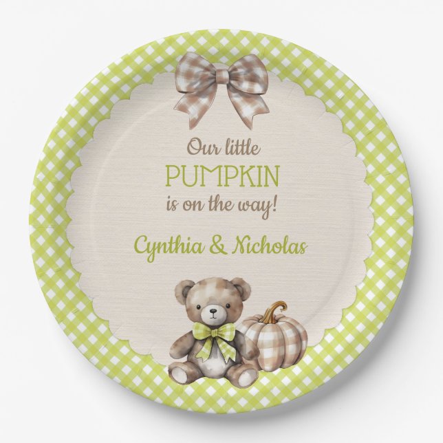 Autumn Kariert Teddy Bar Pumpkin Pappteller (Vorderseite)