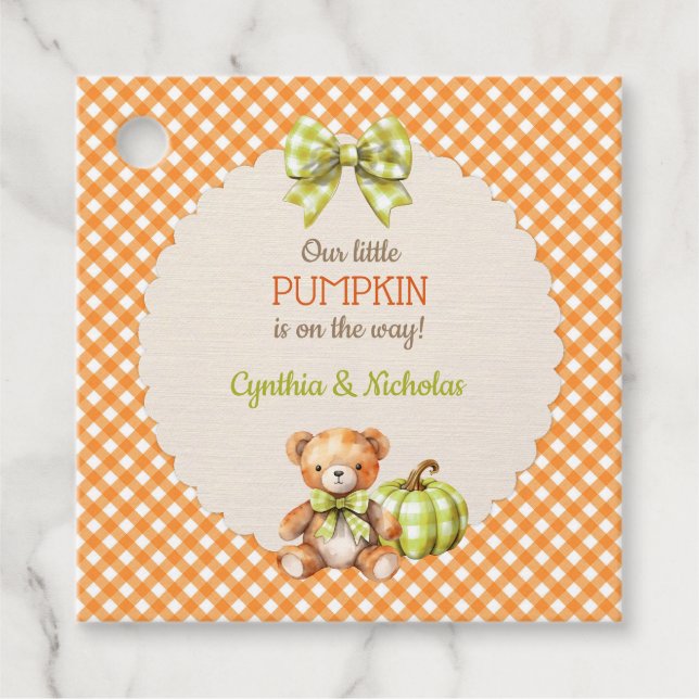 Autumn Kariert Teddy Bären Pumpkin Blätter Geschenkanhänger (Vorderseite)