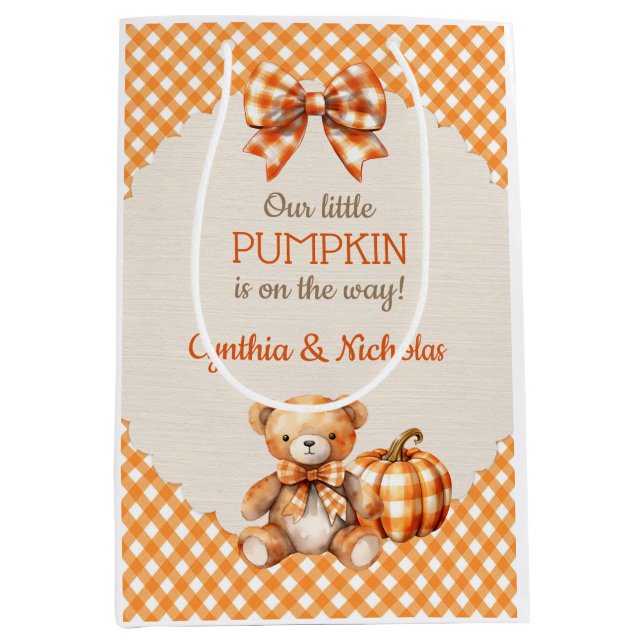 Autumn Kariert Teddy Bären Pumpkin Blätter Mittlere Geschenktüte (Vorderseite)