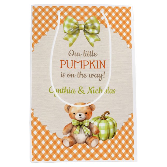 Autumn Kariert Teddy Bären Pumpkin Blätter Mittlere Geschenktüte (Vorderseite)