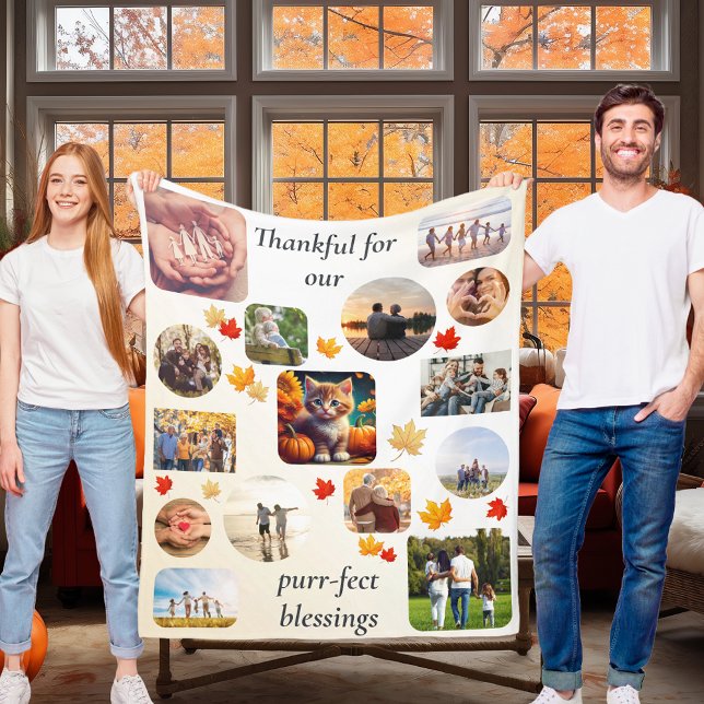 Autumn Kitten 13 Foto Collage Erntedank Cat Fleecedecke (Thanksgiving autumn ginger kitten cat theme home decor blanket housewarming gift leaf photo collage)