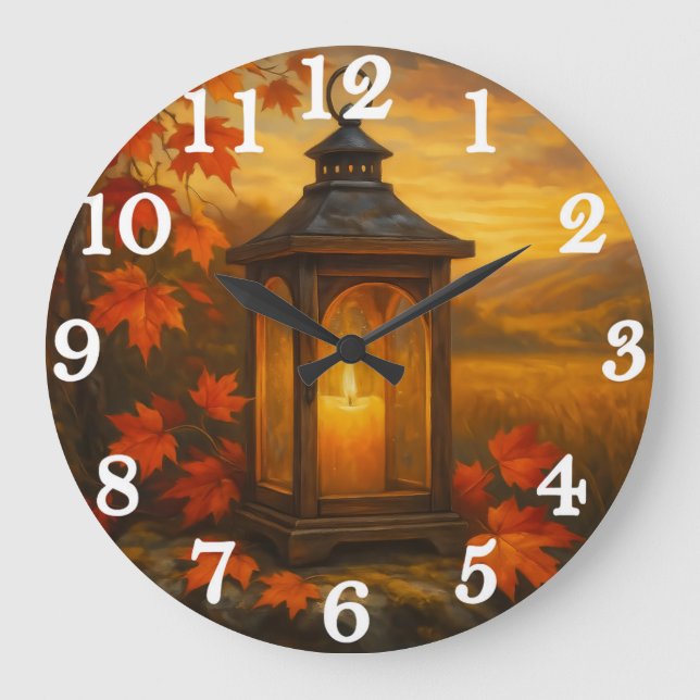Autumn lantern with maple leaves glow große wanduhr (Vorderseite)