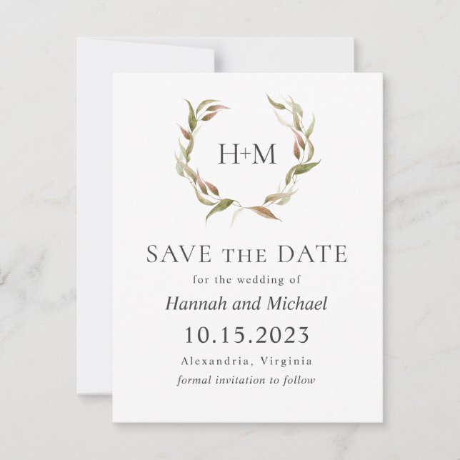 Autumn Laurel Wreath Save the Date mit Foto (Vorderseite)