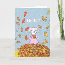 Autumn Leaves and Graceful Cat Blank Greeting Card