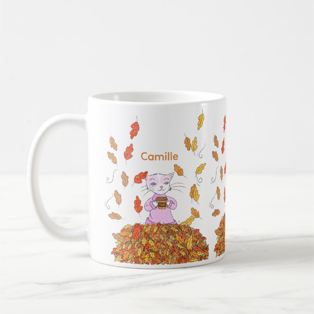 Autumn Leaves and Graceful Cat Personalized Mug Kaffeetasse (Links)