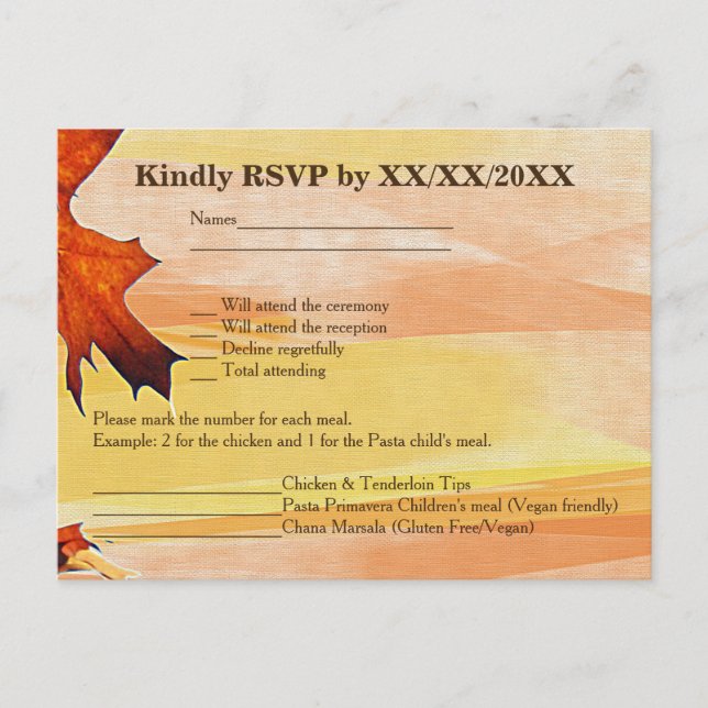Autumn Leaves Swirl Color RSVP und Menu Postcard Einladungspostkarte (Vorderseite)
