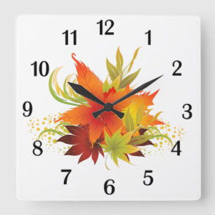 Autumn Leaves Thanksgiving Black Numbers Quadratische Wanduhr