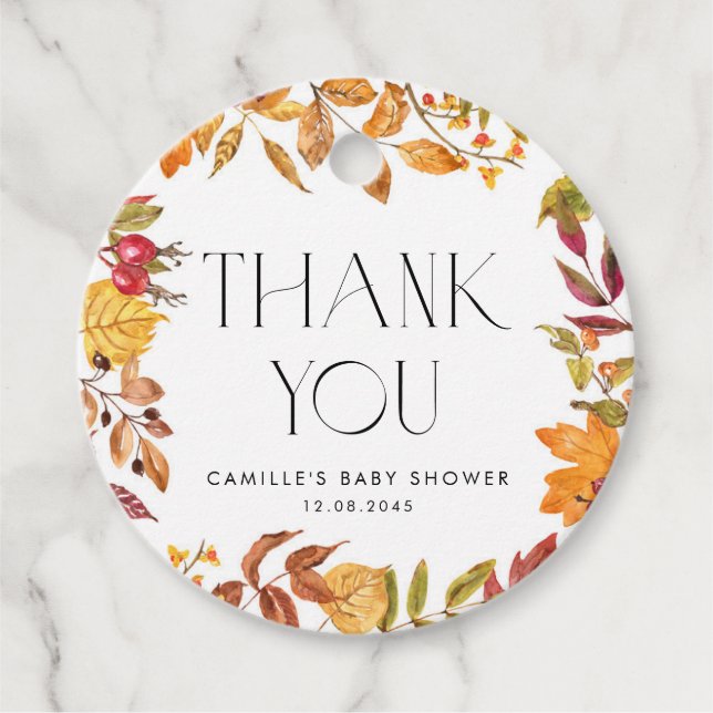 Autumn Leaves Wreath Baby Dusche Vielen Dank Geschenkanhänger (Vorderseite)