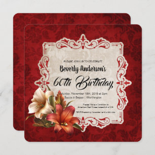Autumn Lilies Dark Red Damask Birthday Party Einladung