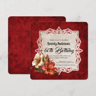 Autumn Lilies Dark Red Damask Birthday Party Einladung