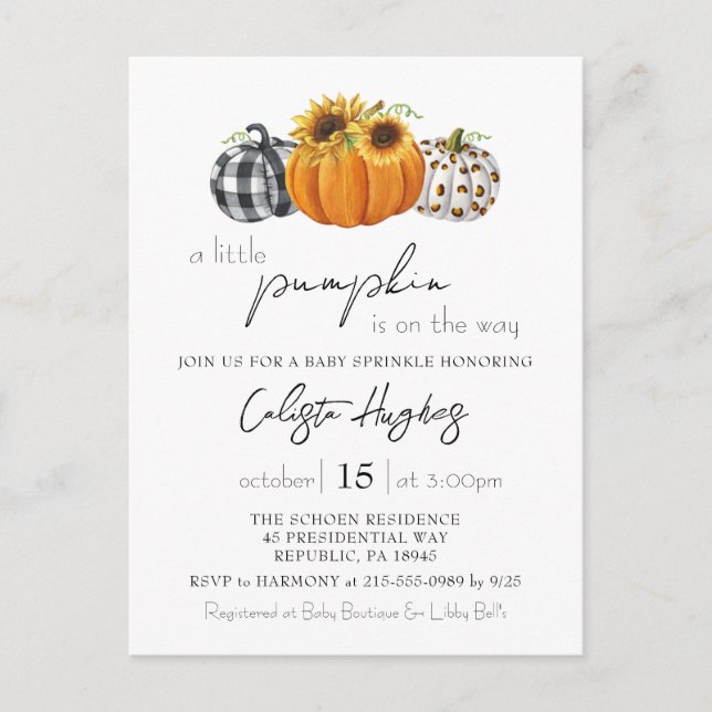 Autumn Little Pumpkin Sunflower Baby Sprinkle Postkarte (Vorderseite)