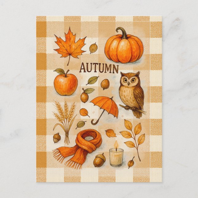 Autumn Magic Postcard Cozy Fall Owl Pumpkin Leaves Postkarte (Vorderseite)