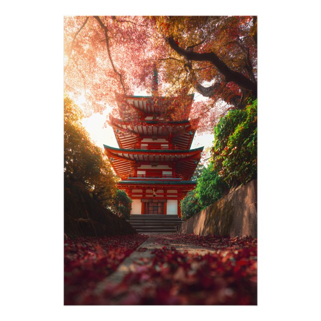 Autumn Maple Pagoda Temple Staircase Glow Fotodruck (Vorne)