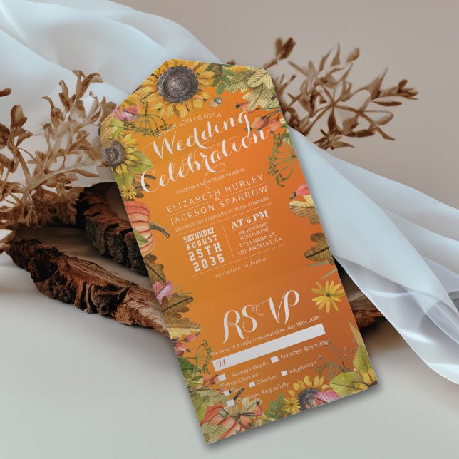 Autumn Maple Pumpkins Orange Gradient Wedding RSVP All In One Einladung (Von Creator hochgeladen)